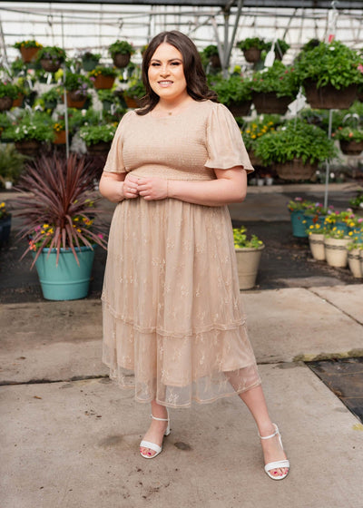 Quinn Beige Smocked Lace Dress