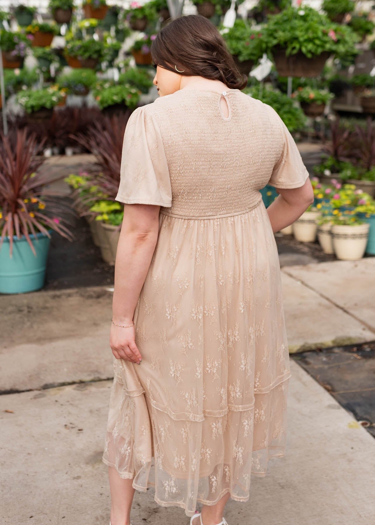 Quinn Beige Smocked Lace Dress