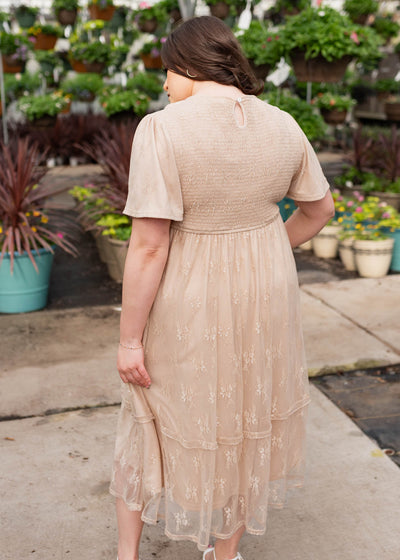 Quinn Beige Smocked Lace Dress