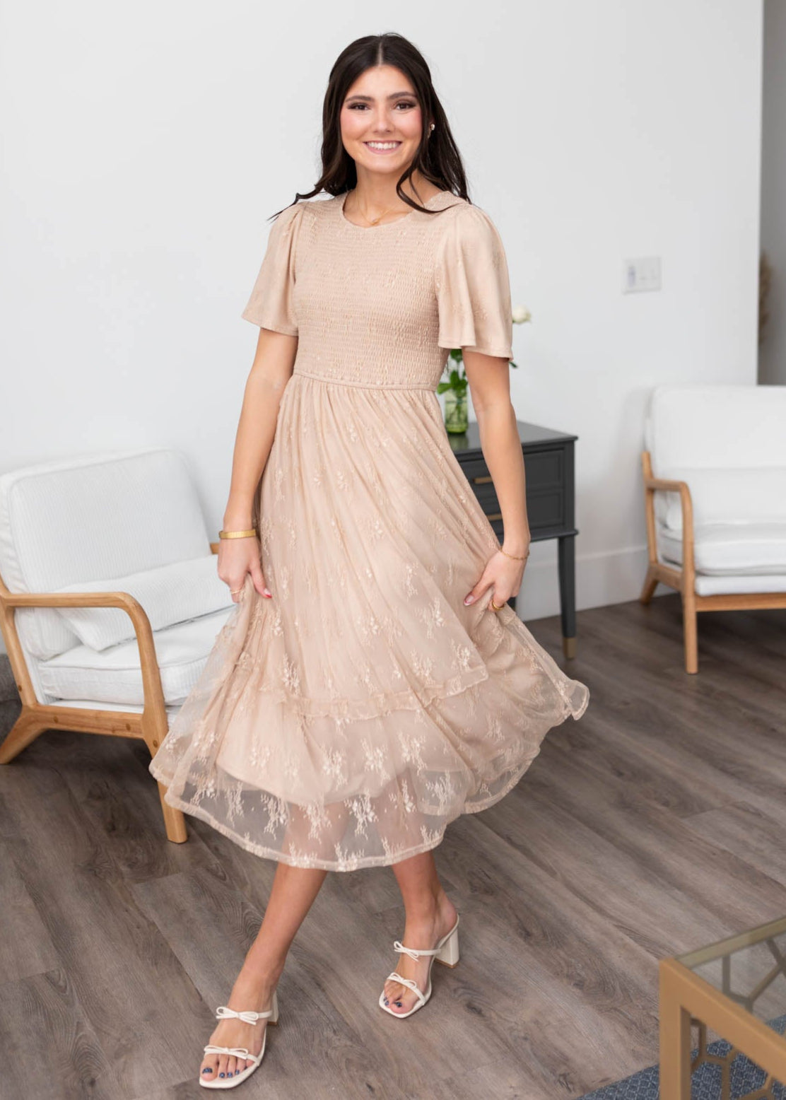 Short sleeve beige smocked lace dress