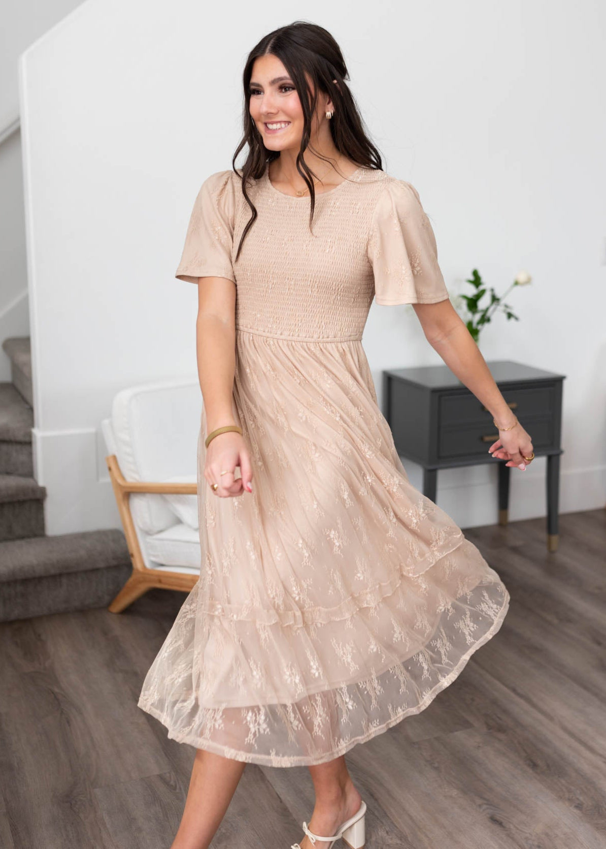 Beige smocked lace dress