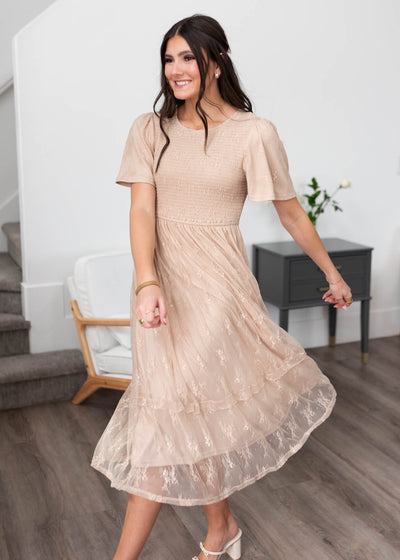 Beige smocked lace dress