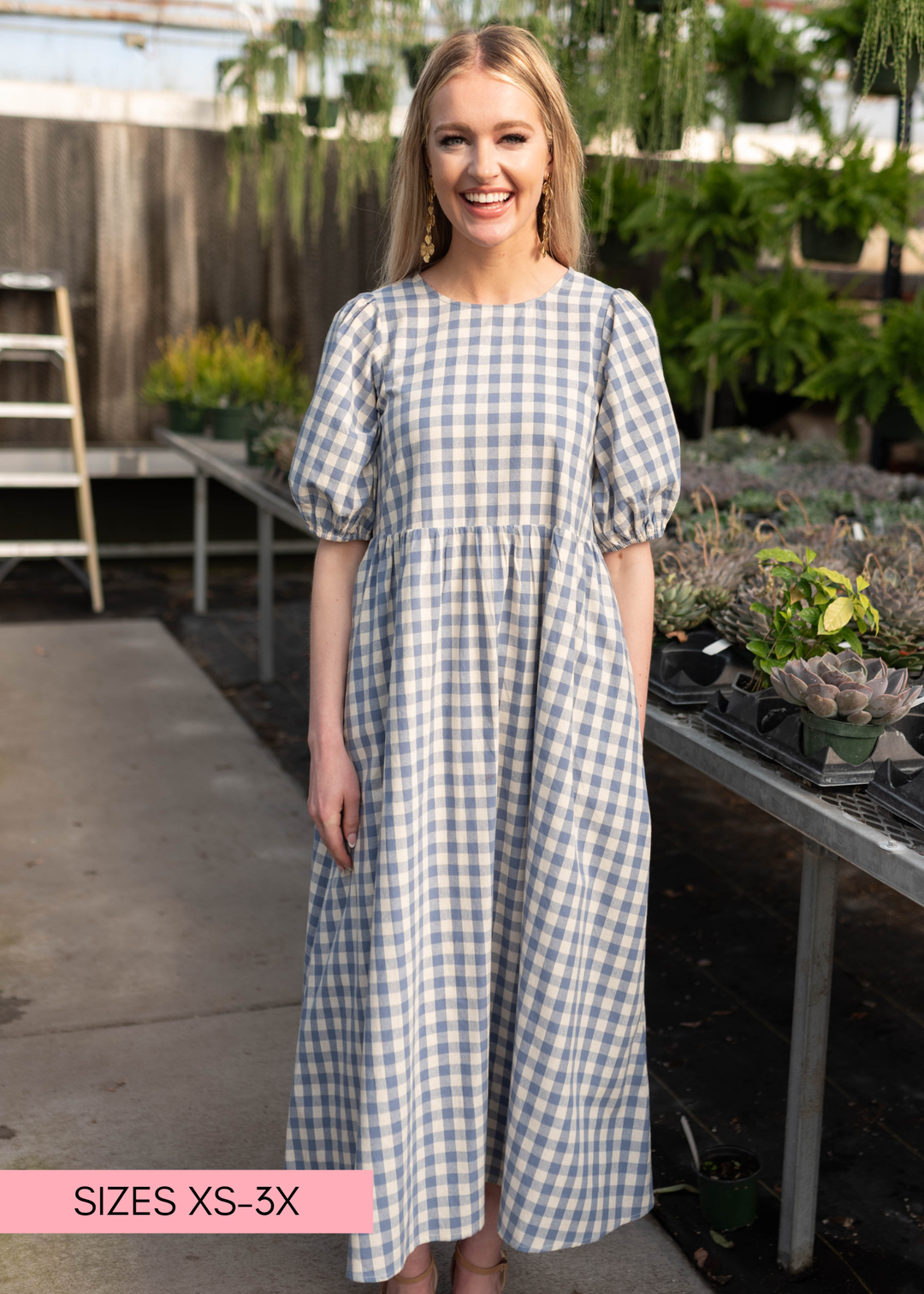 Rachel Blue Gingham Babydoll Dress with Pockets
