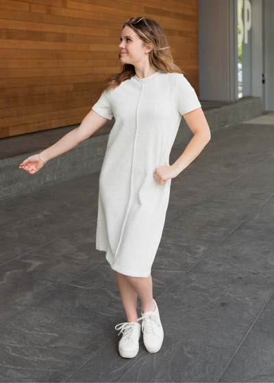 At the knee heather grey knit dress