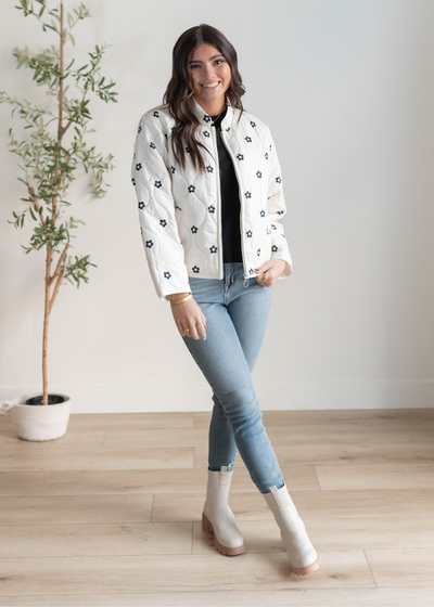 Long sleeve ivory flower puffer jacket