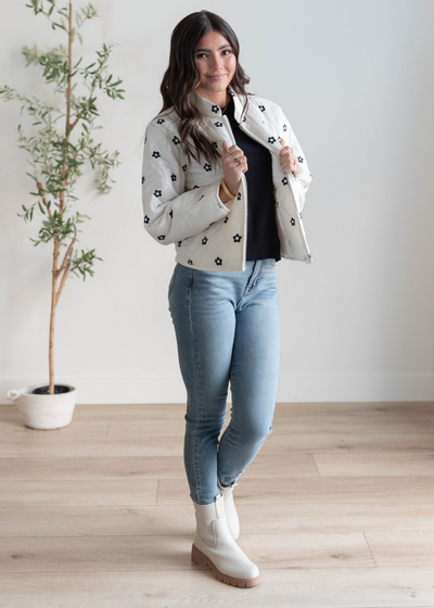 Ivory flower puffer jacket