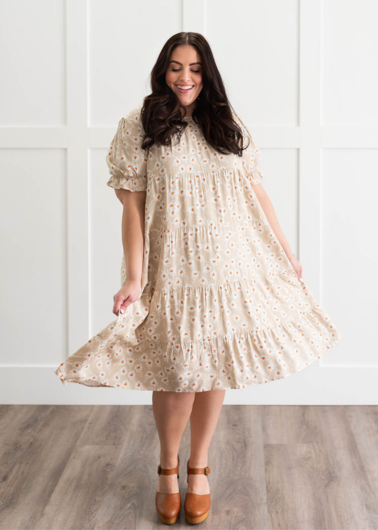 Reagan Beige Floral Tiered Dress