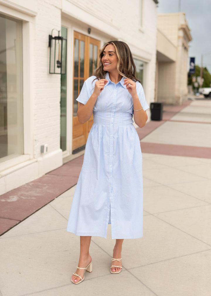 midi linen dress blue stripe Rebecca Pinstripe - Pintucked Waist, Button Front & Pockets july 4 2026 markdown Size:Custom Size Made tumble dry low Elegant A line Straps