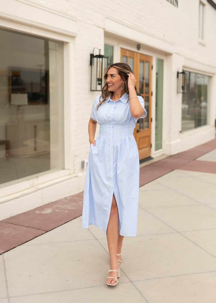 pinstripe dress Rebecca Blue Pinstripe Midi Dress - Pintucked Waist, Button Front & Pockets