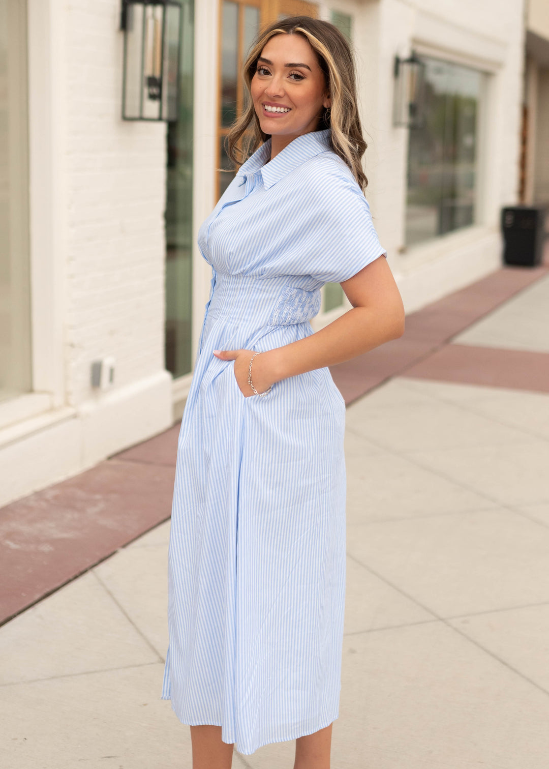 Rebecca Blue Pinstripe Midi Dress - Pintucked Waist, Button Front & Pockets Rebecca Blue Pinstripe Midi Dress - Pintucked Waist, Button Front & Pockets