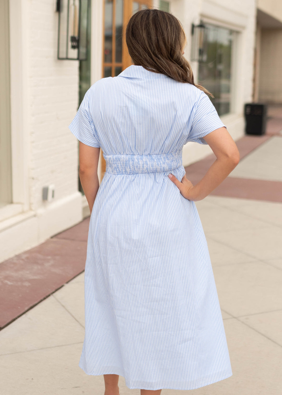 Rebecca Blue Pinstripe Midi Dress - Pintucked Waist, Button Front