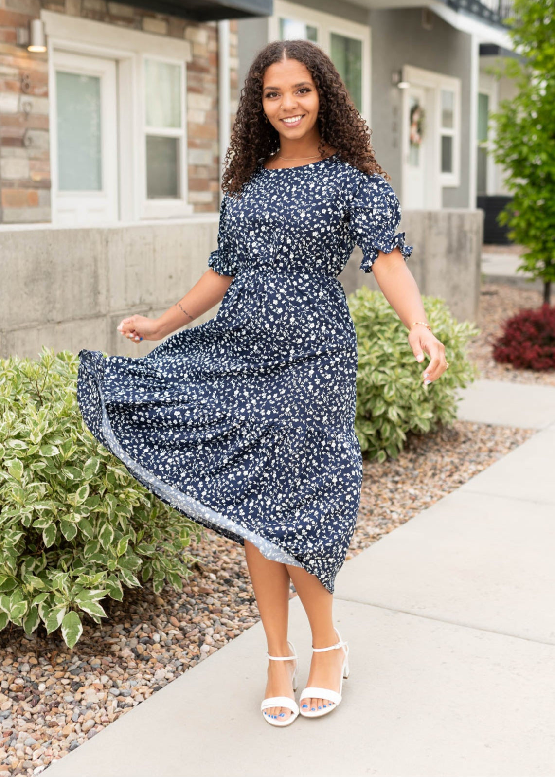 Navy floral dress with short sleeves