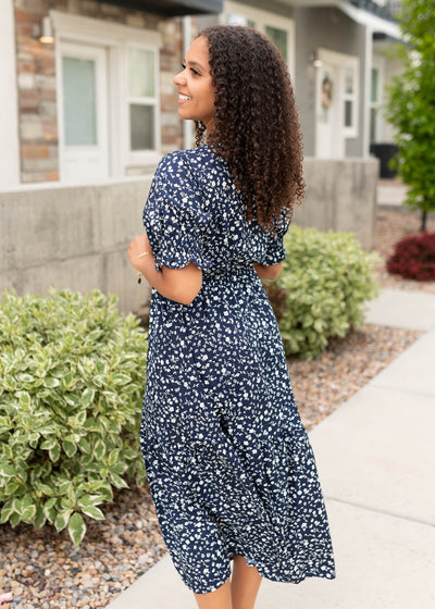 Side view of the navy floral dress