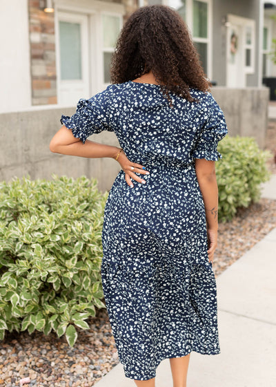 Back view of the navy floral dress