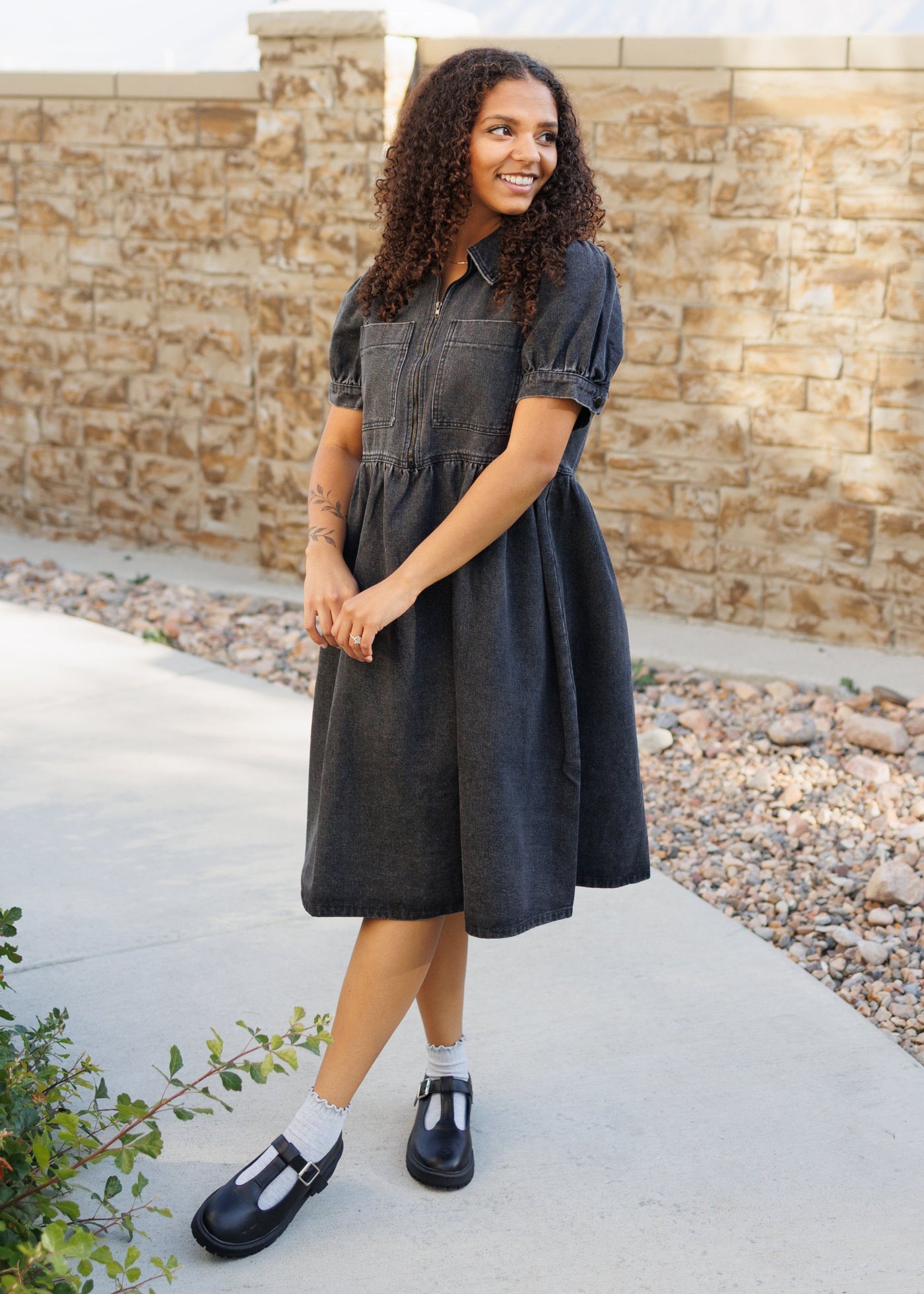 Short sleeve modest black denim dress