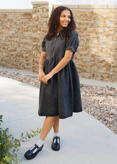 Short sleeve modest black denim dress