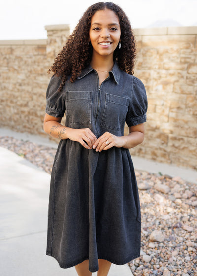 Zip up black denim dress with short sleeves