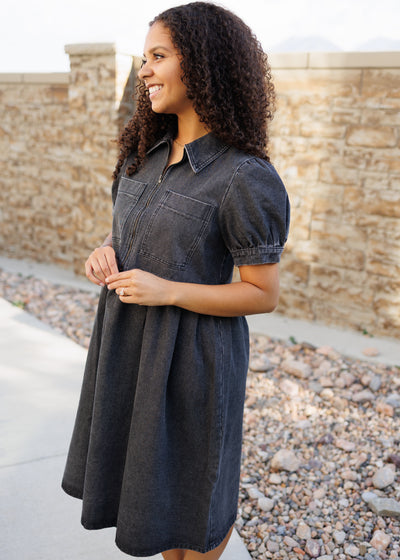 Short sleeve black denim dress