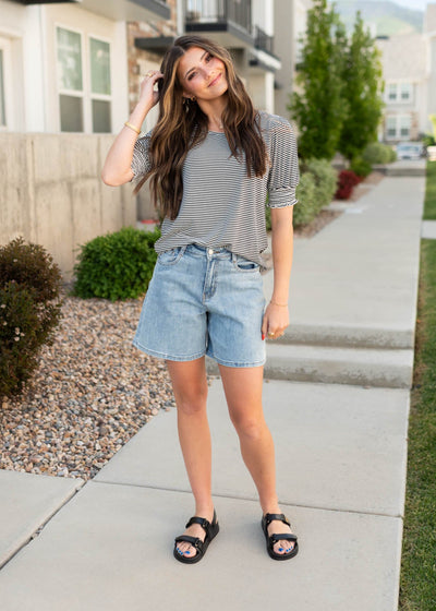 Puff sleeve navy striped top