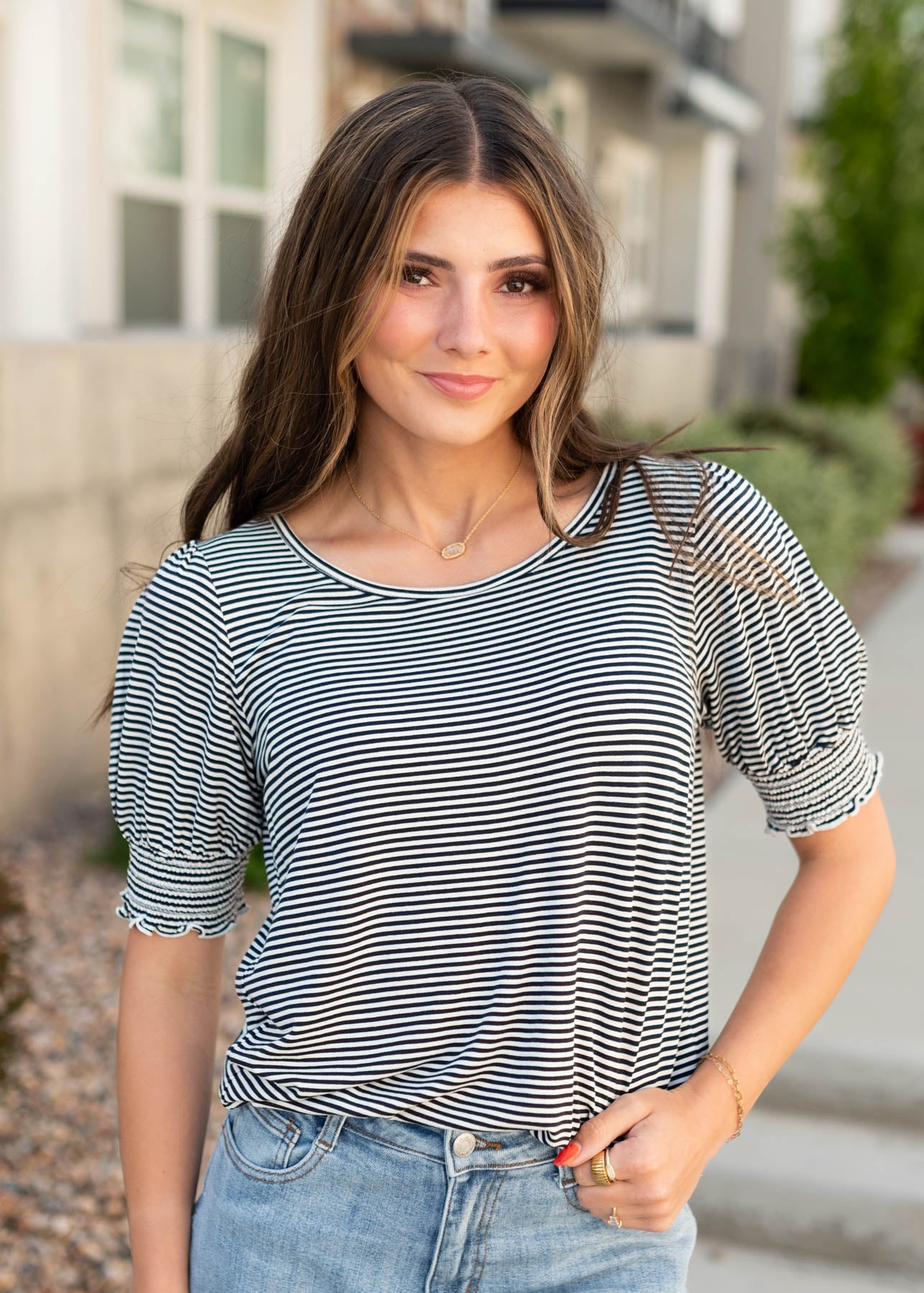 Navy striped top with short sleeves