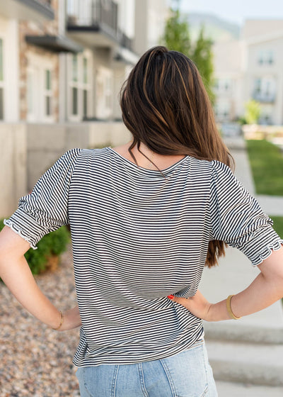 Back view of the navy striped top
