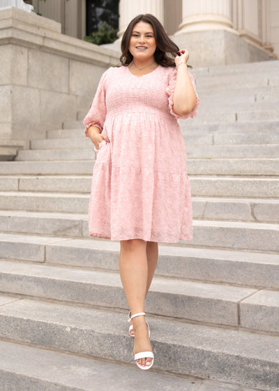 Short sleeve modest plus size blush floral textured dress