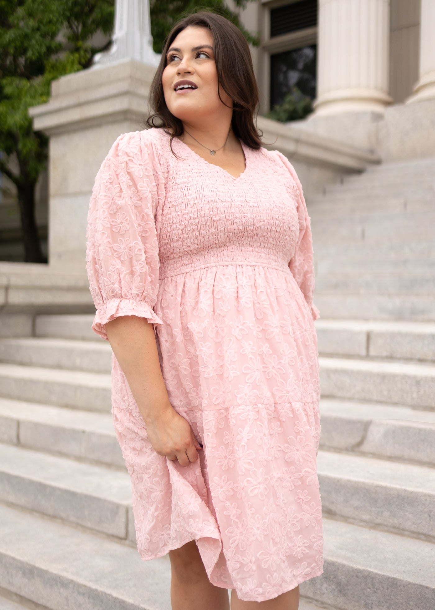 Modest short sleeve blush floral textured dress with short sleeves