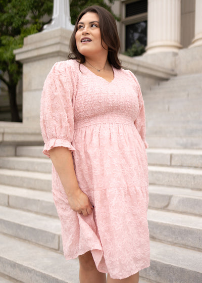 Modest short sleeve blush floral textured dress with short sleeves