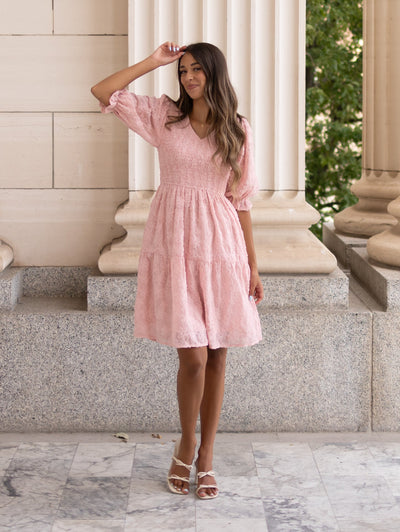 Modest blush floral textured dress at Lena Layne