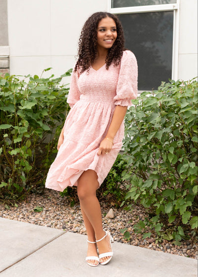 Modest blush floral textured dress at Lena Layne