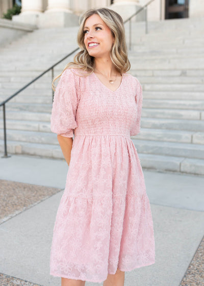 V-neck bodice blush floral textured dress by Lena & Lou