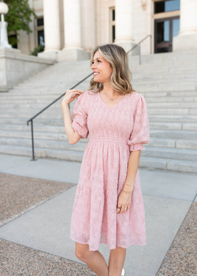 Short sleeve blush floral textured dress sold only at Lena Layne