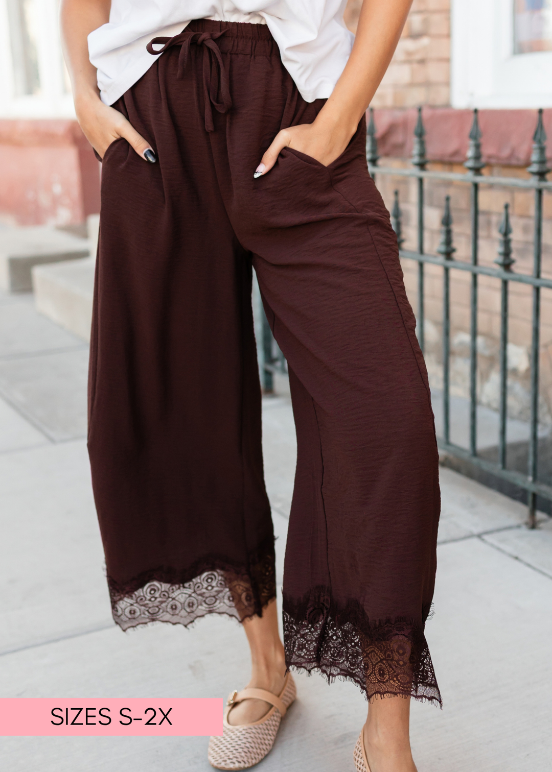 Rory Coffee Lace Trim Wide Leg Pants | Lena Layne