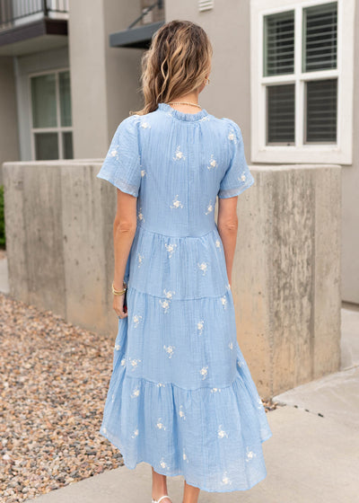 Back view of the blue floral dress
