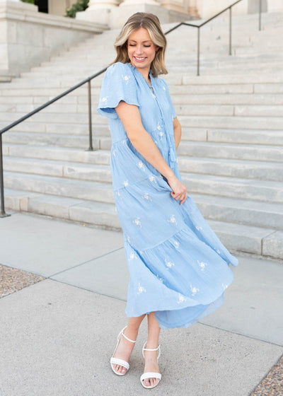Modest short sleeve blue floral dress at Lena Layne