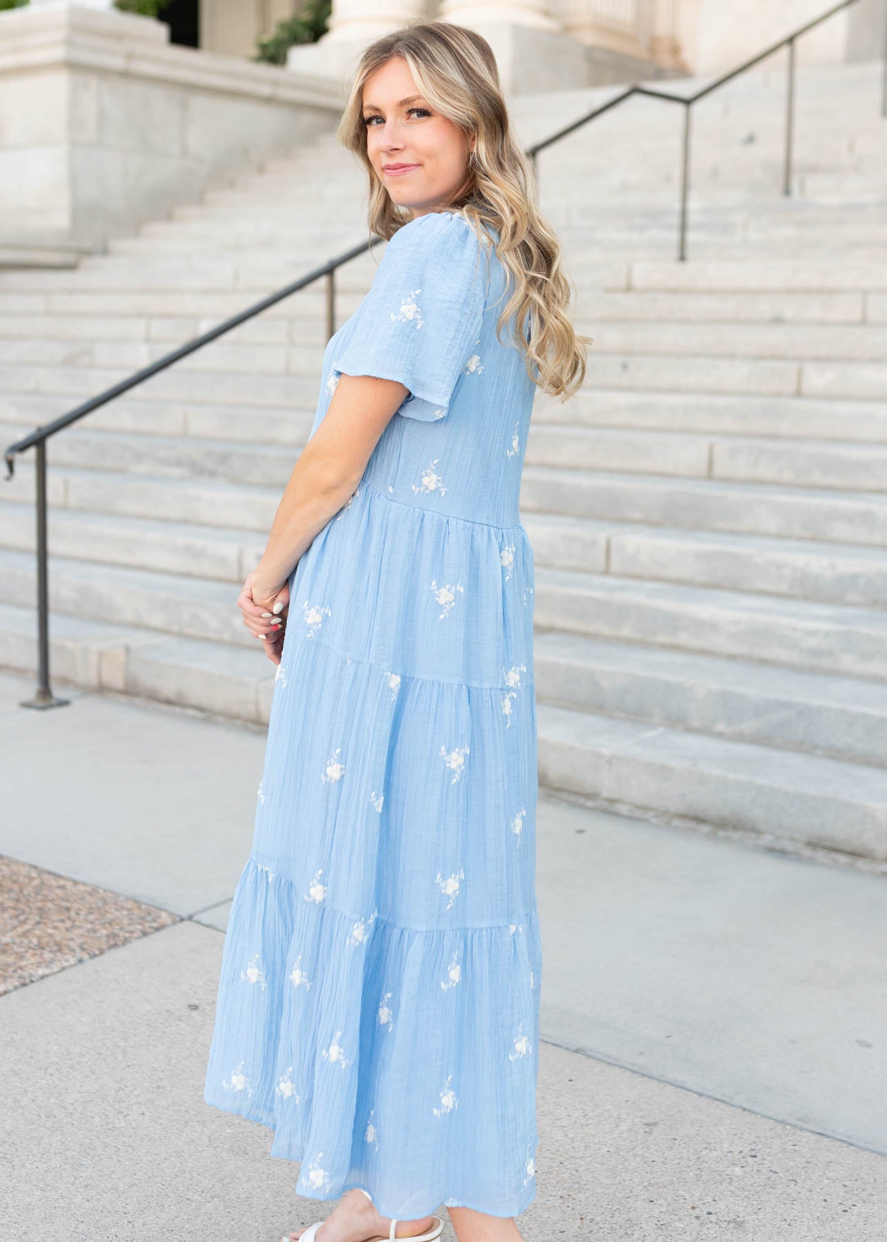 Side view of the blue floral dress