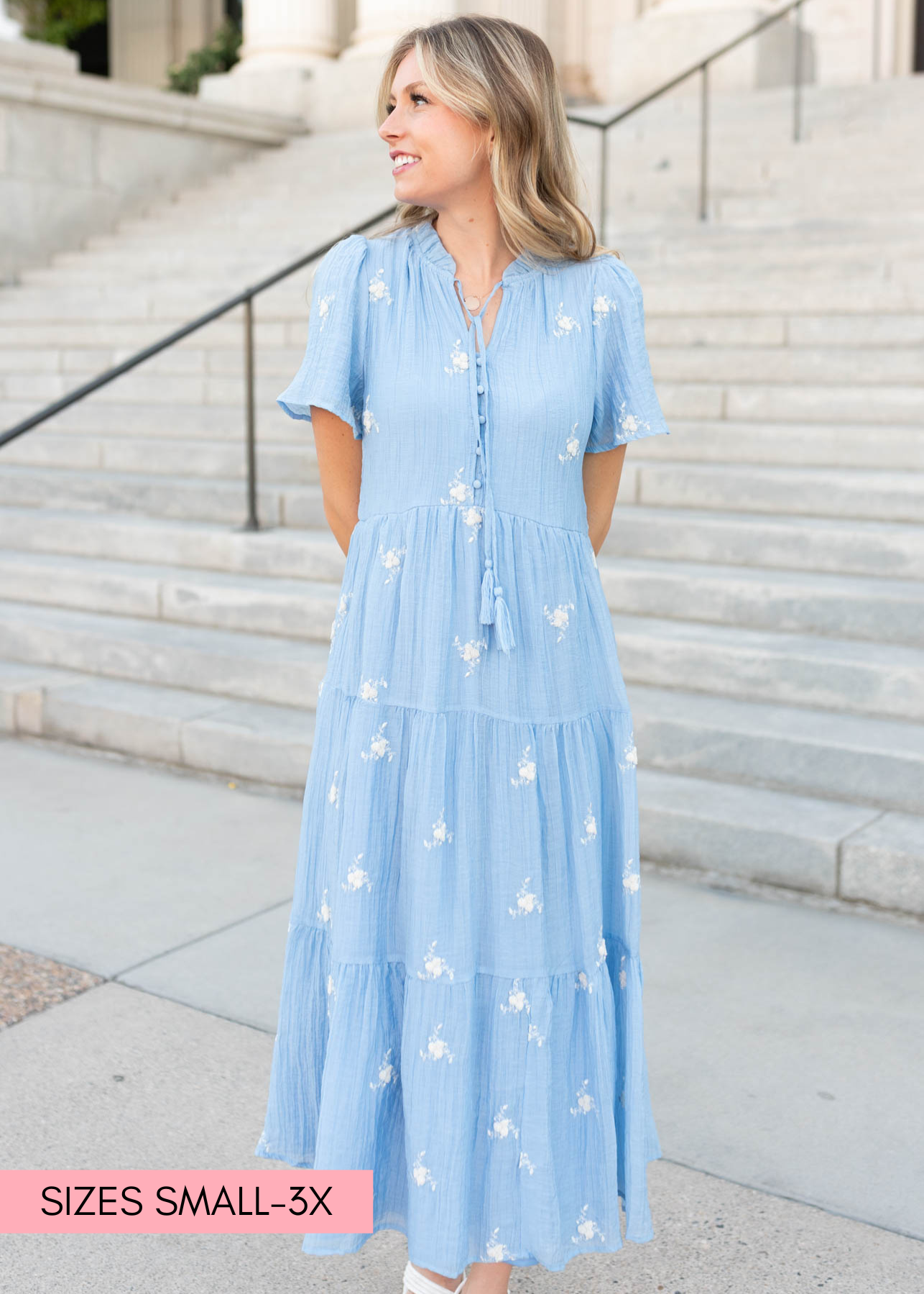 Blue floral dress in sizes small to x-large and plus size 1x to 3x