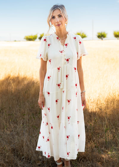Short sleeve ivory floral dress with red flowers