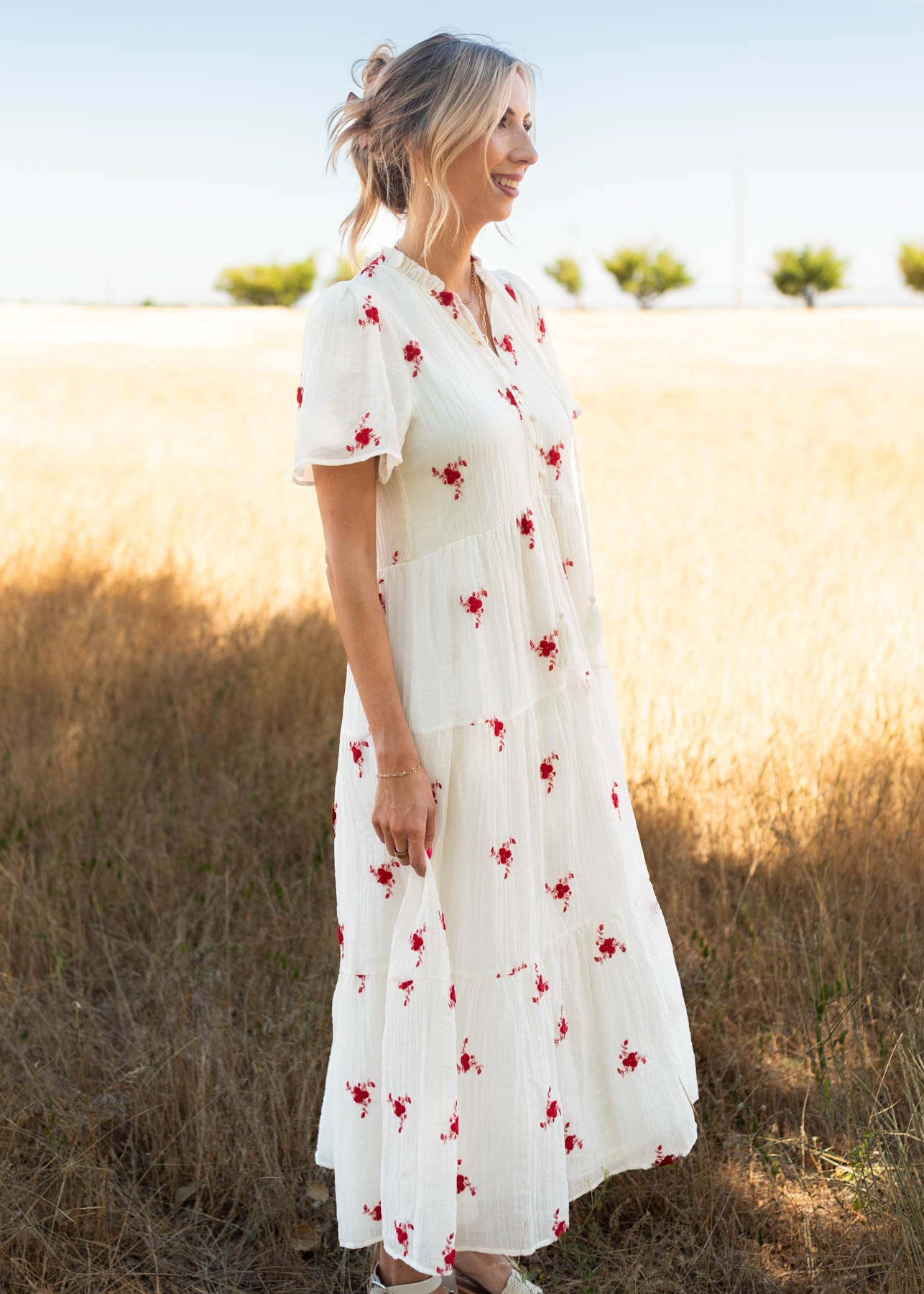 Side view of the ivory floral dress