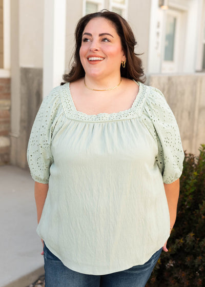 Plus size square neck sage top