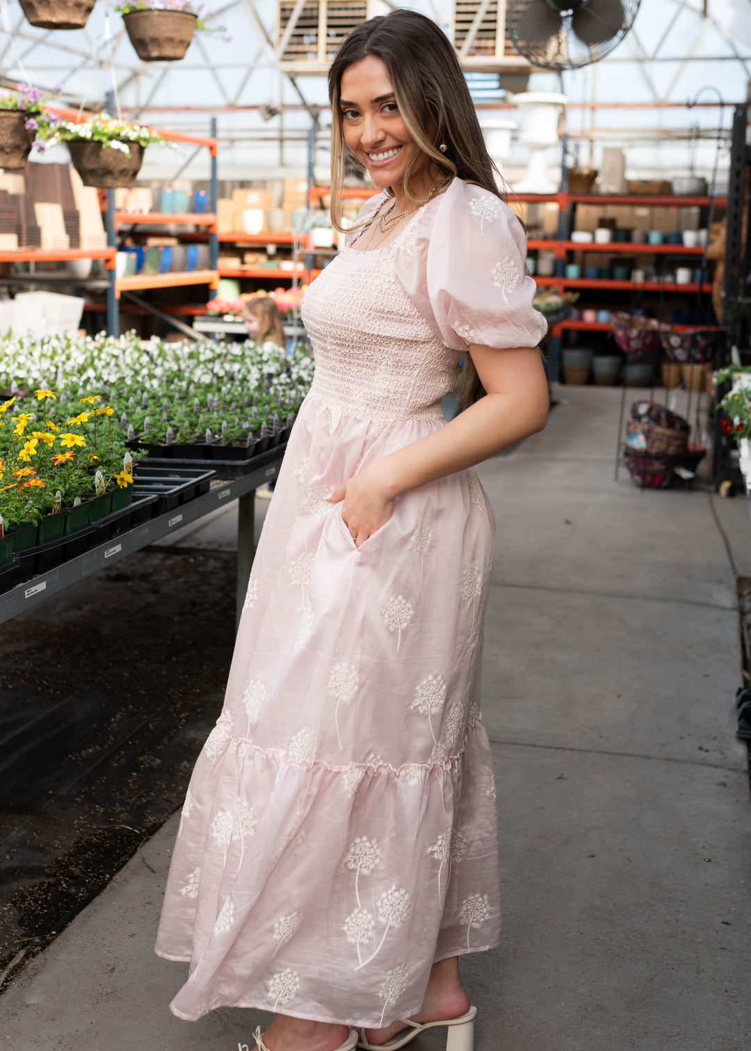 Roselyn Pink Smocked Dress - Embroidered Floral & Puff Sleeves