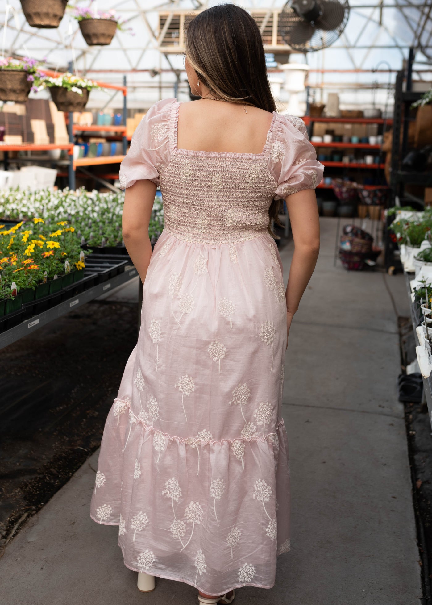 Roselyn Pink Smocked Dress - Embroidered Floral & Puff Sleeves