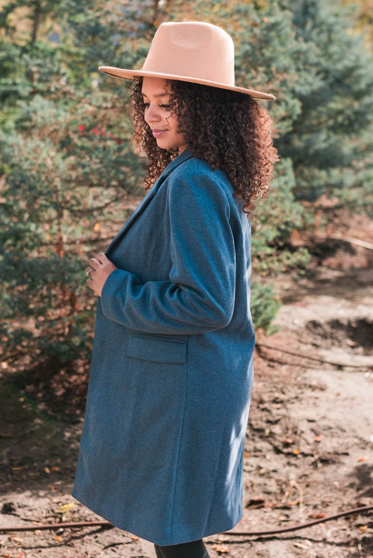 Side view of the indigo coat