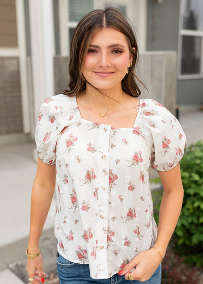 Ivory floral top with a square neck