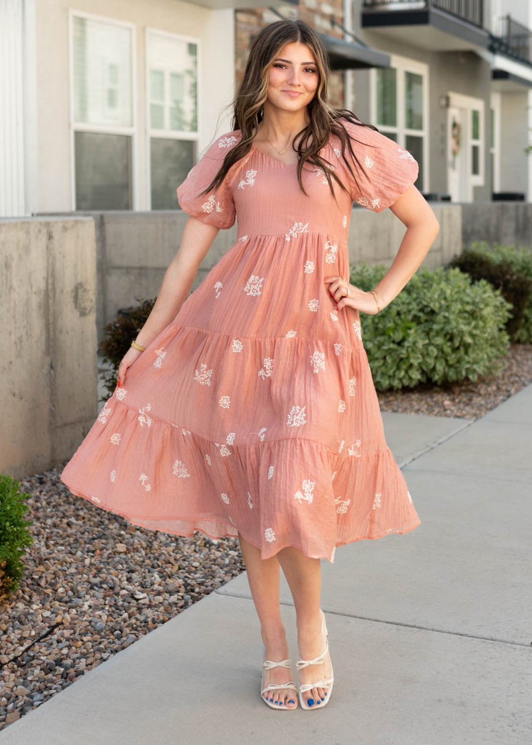 Terraotta embroidered dress with slight v-neck