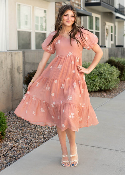Terraotta embroidered dress with slight v-neck