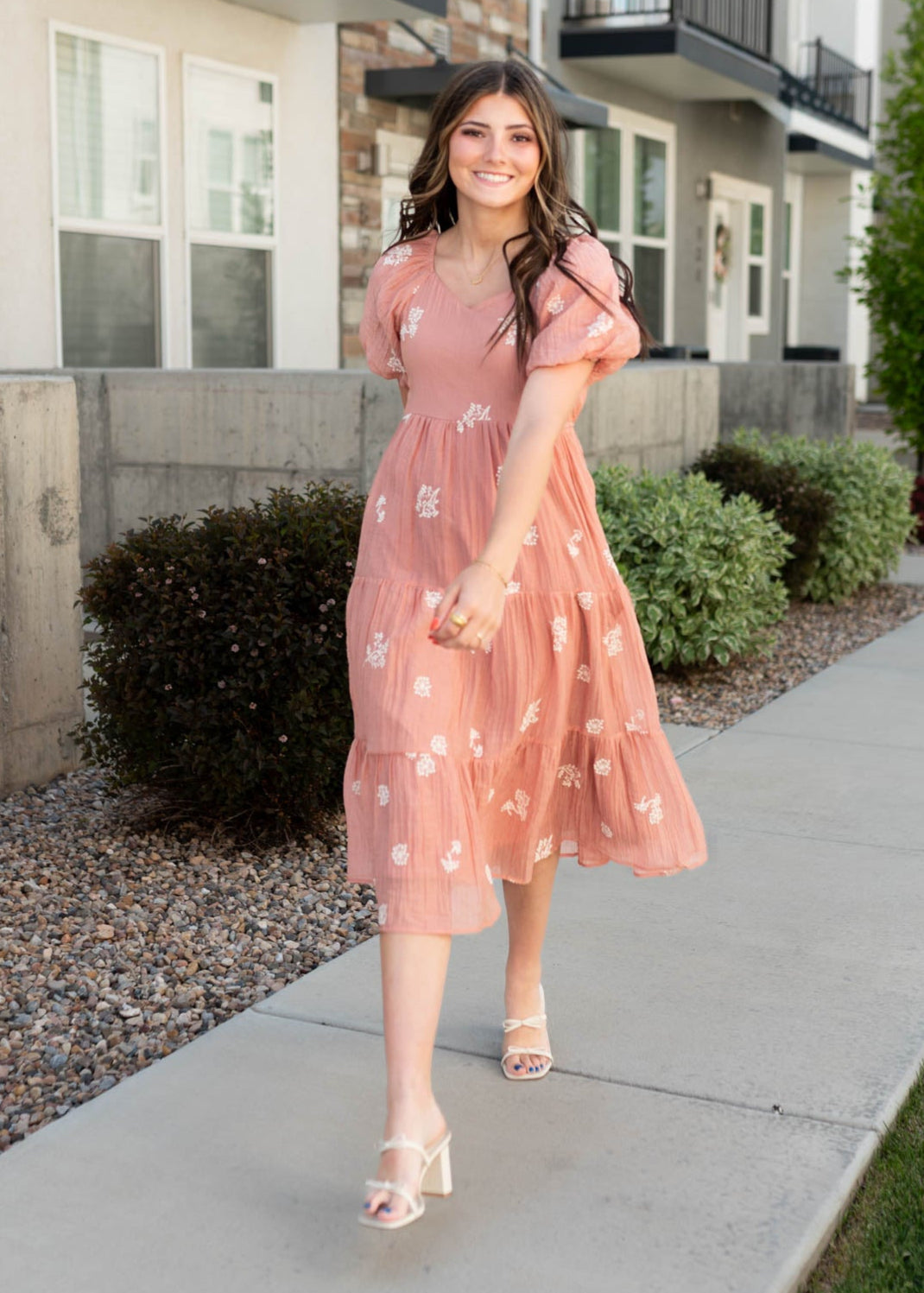 Terracotta embrodiered dress with tiered skirt