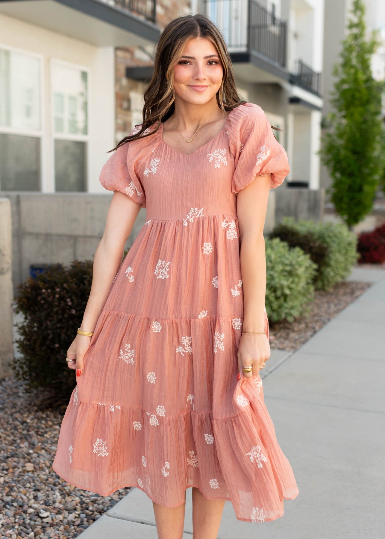 Short sleeve terracotta embroidered dress