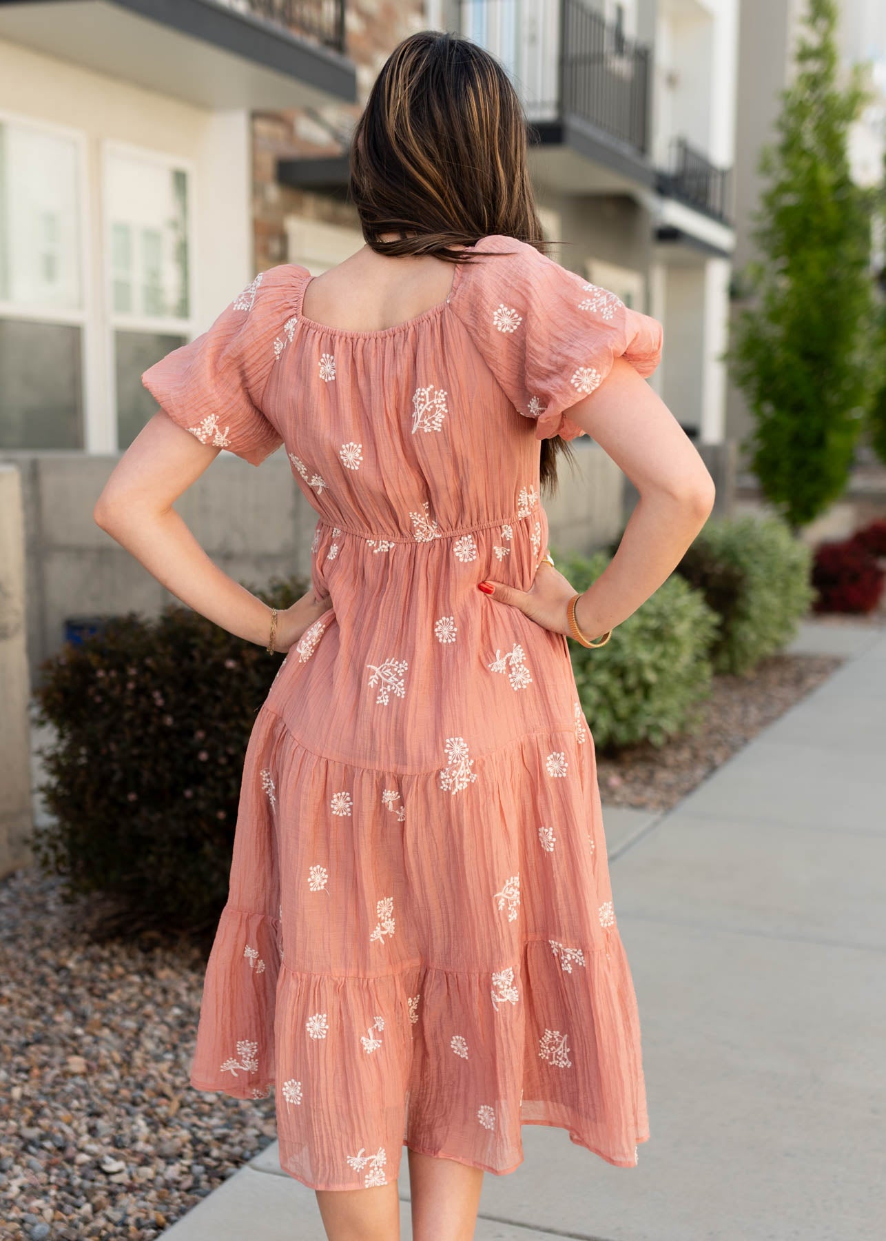 Back view of the terracotta embroidered dress