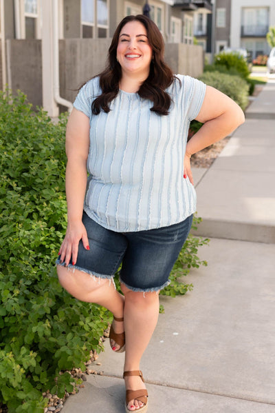 Blue textured top with short sleeves